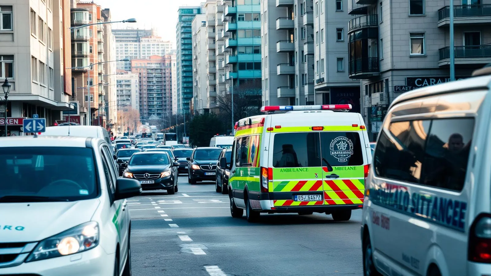 Şehir içi ambulans - yoğun İstanbul trafiğinde ilerleyen şehir içi hasta nakil ambulansı