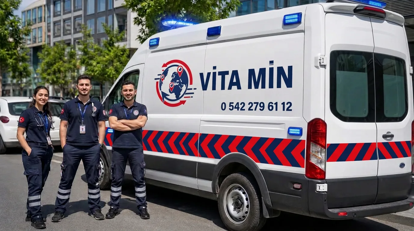 Vitamin Ambulans ekibi ve logolu özel ambulans aracı - İstanbul özel ambulans hizmeti