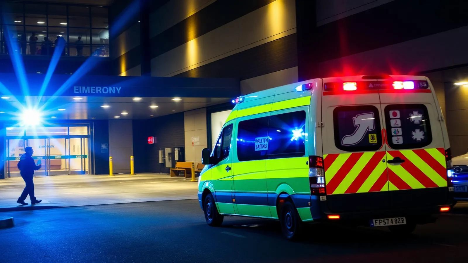 Acil ambulans hizmetleri - hastane acil girişinde tepe lambaları yanan acil ambulans