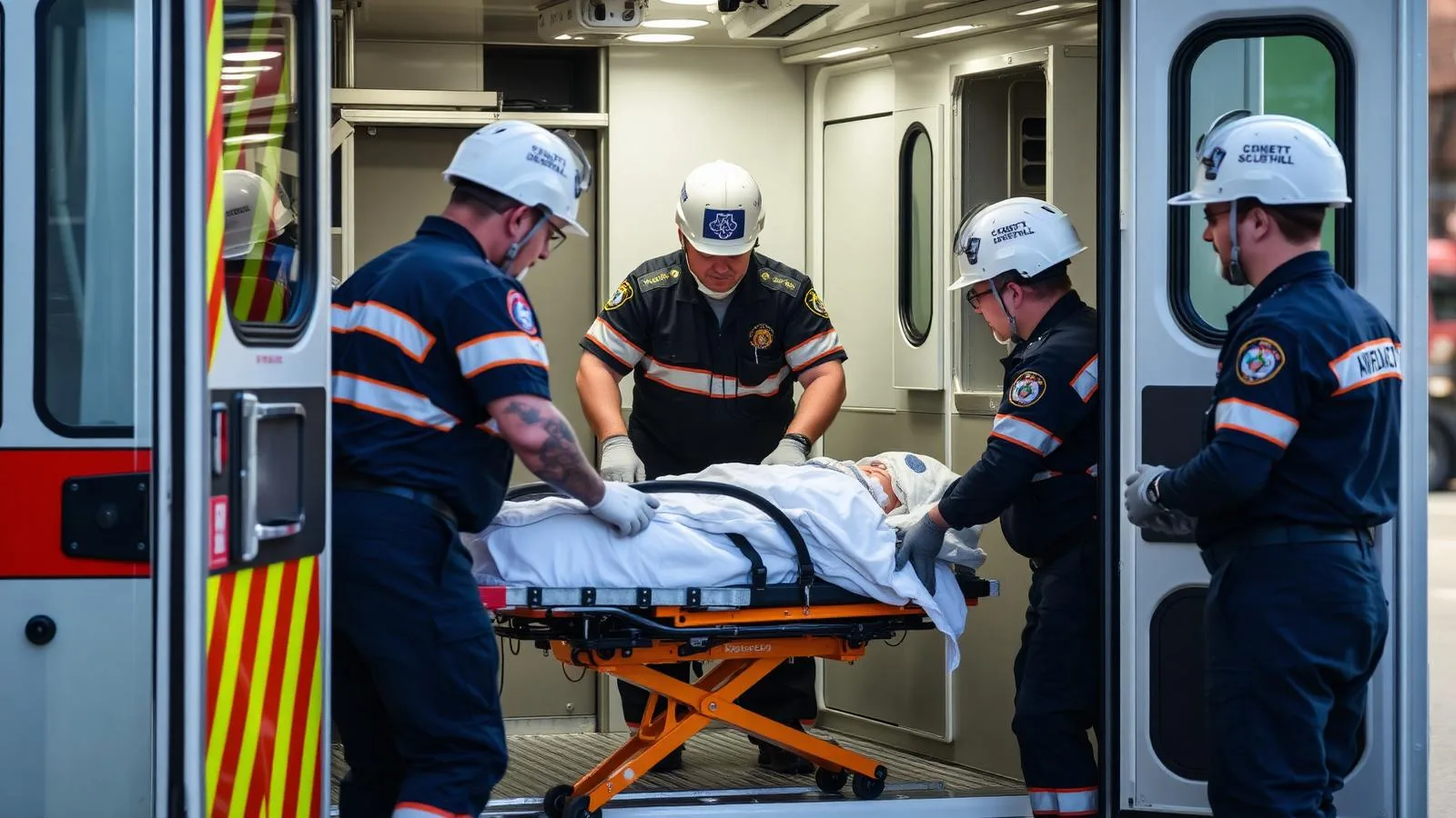 Hasta nakil ambulansı - sağlık ekibi hastayı sedye ile ambulansa yerleştiriyor